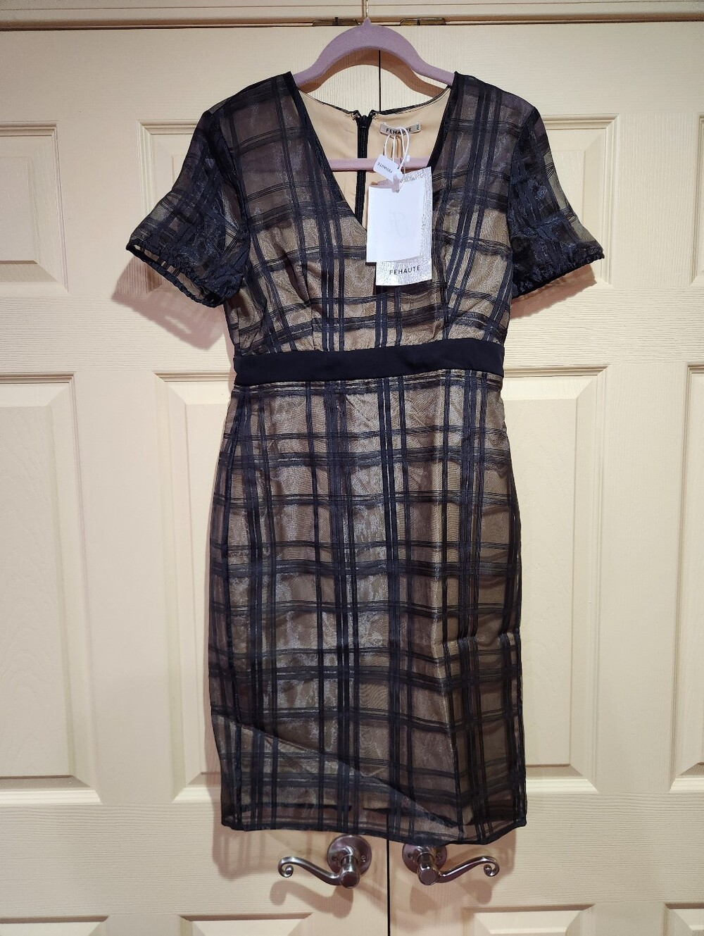 Fehaute Black Organza Plaid Sheath Midi Dress, NWT, Size 2
